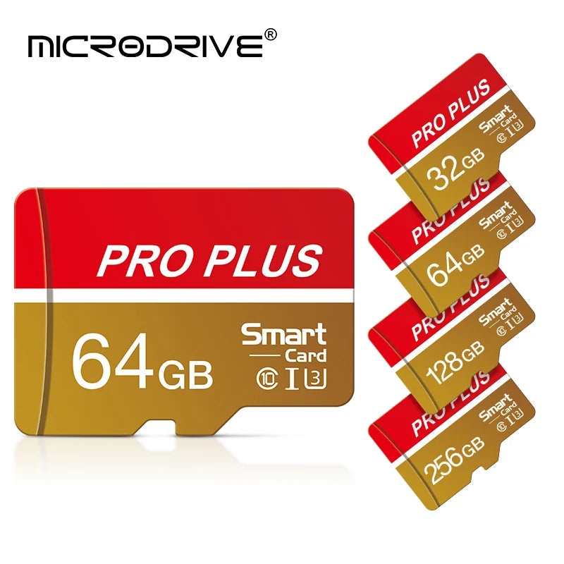 A set of MicroDrive PRO PLUS memory cards with capacities of 32GB, 64GB, 128GB, and 256GB.