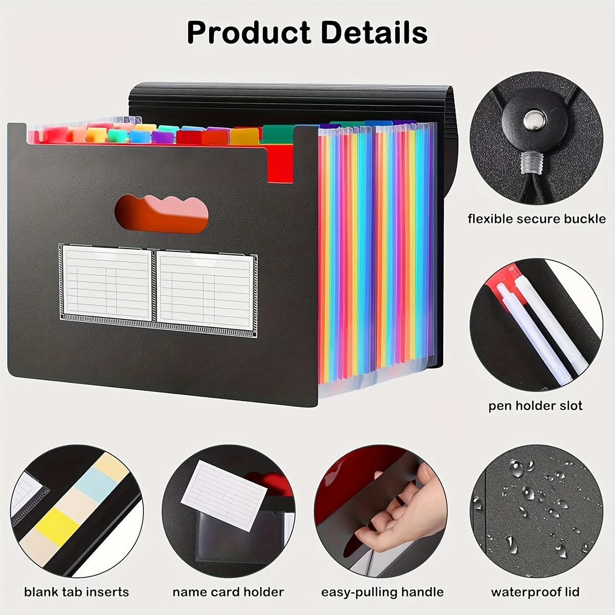 Portafolios organizador de archivo de acordeón negro con insertos de plástico coloridos y hebilla segura y tapa impermeable