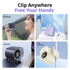 Various uses of a clip-on cooling fan including handheld, waist hang, desktop mounting, and umbrella attachment.