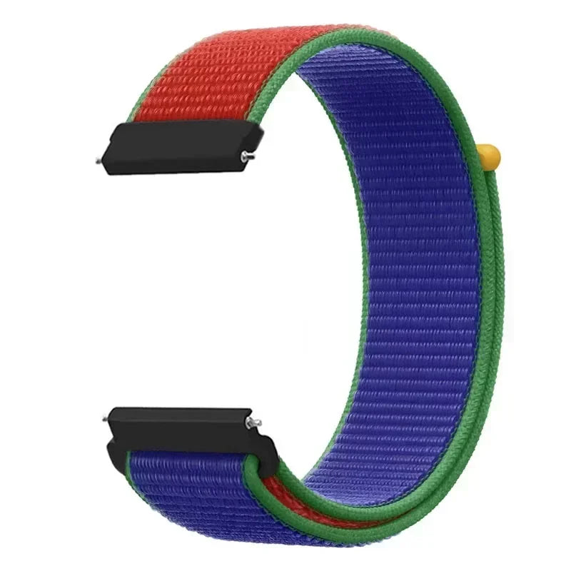 A watch strap featuring a multi-colored woven nylon band with orange, blue, and green sections.
