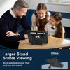 A man and two girls are using a durable silicone protective case with a stand for an iPad on a wooden table.