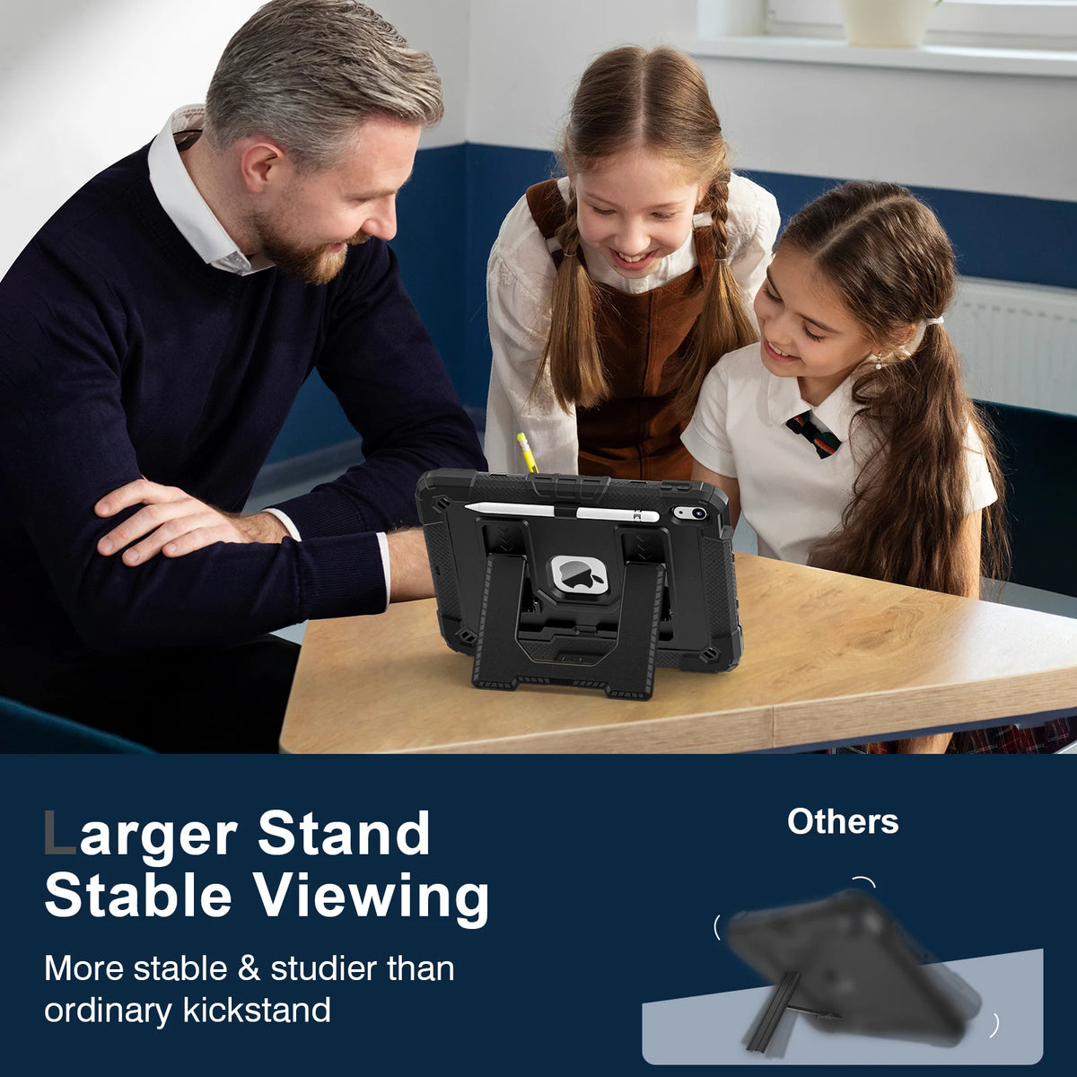 A man and two girls are using a durable silicone protective case with a stand for an iPad on a wooden table.