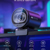 A black 4K webcam with a lens is mounted on a monitor, showing features like 4K UHD quality, 60 FPS, and privacy mode.