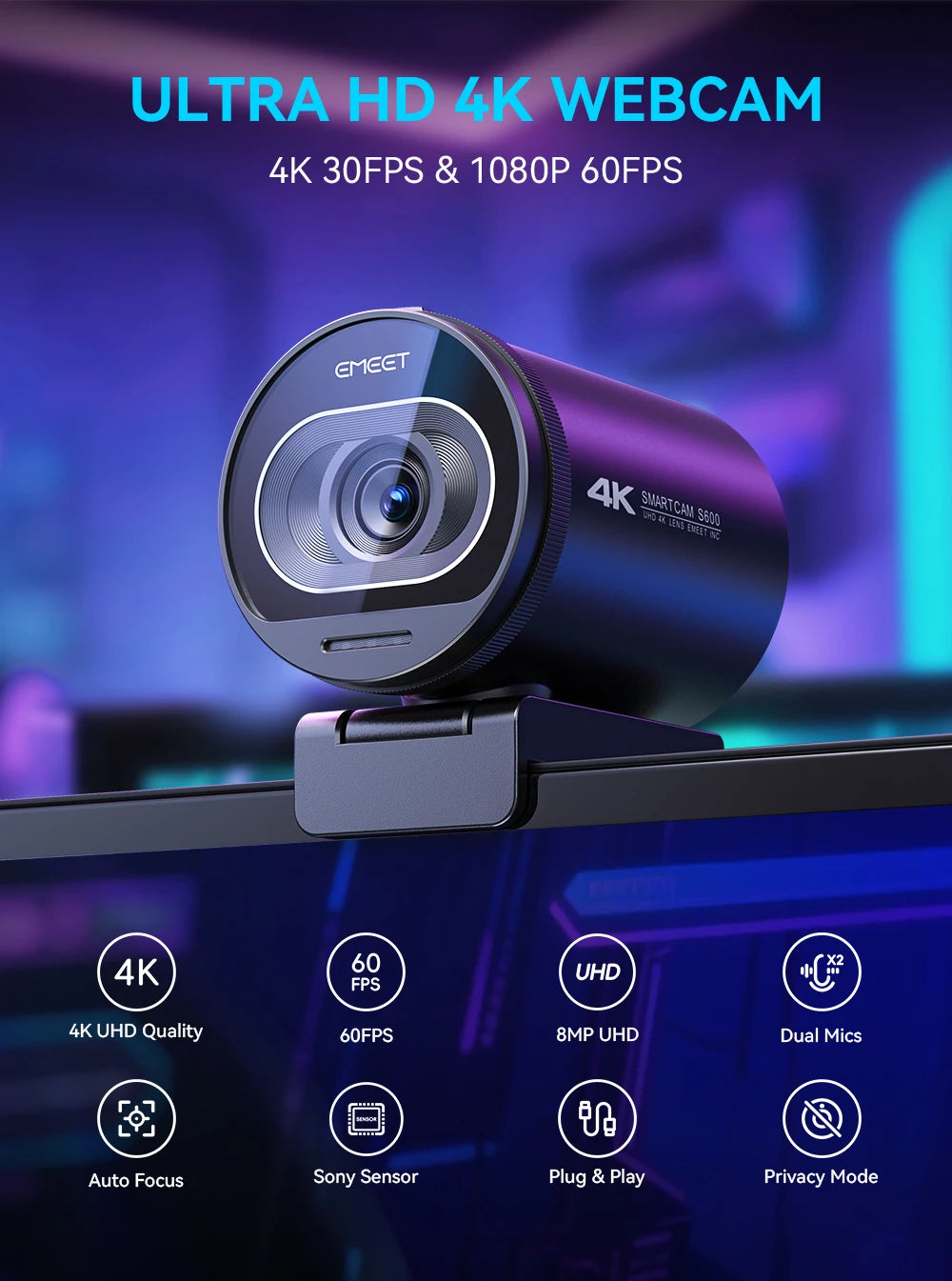 A black 4K webcam with a lens is mounted on a monitor, showing features like 4K UHD quality, 60 FPS, and privacy mode.
