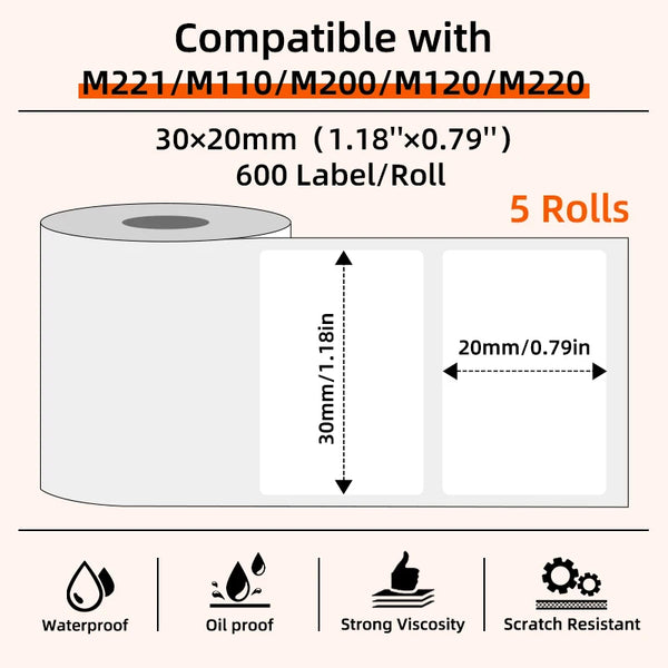 Rolls of thermal label paper with specifications for compatibility and features like waterproof and scratch resistant.