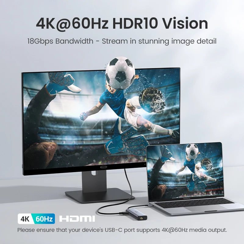 حاسوب محمول متصل بشاشة يعرض إخراج وسائط بدقة 4K بمعدل 60 هرتز و HDR10