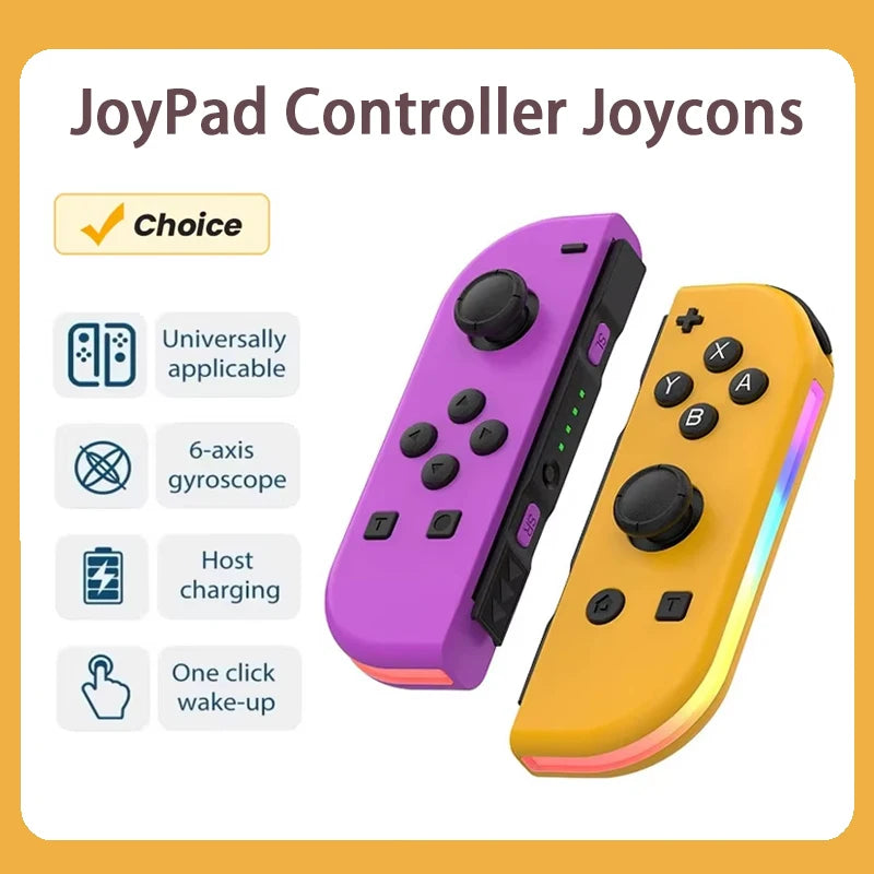A pair of colorful Joypad controllers, including a purple and yellow model, is shown with features like universal applicabili