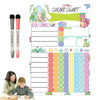 A magnetic weekly chore chart for kids showing sections for weekly chores, rewards, goals, and daily chores.