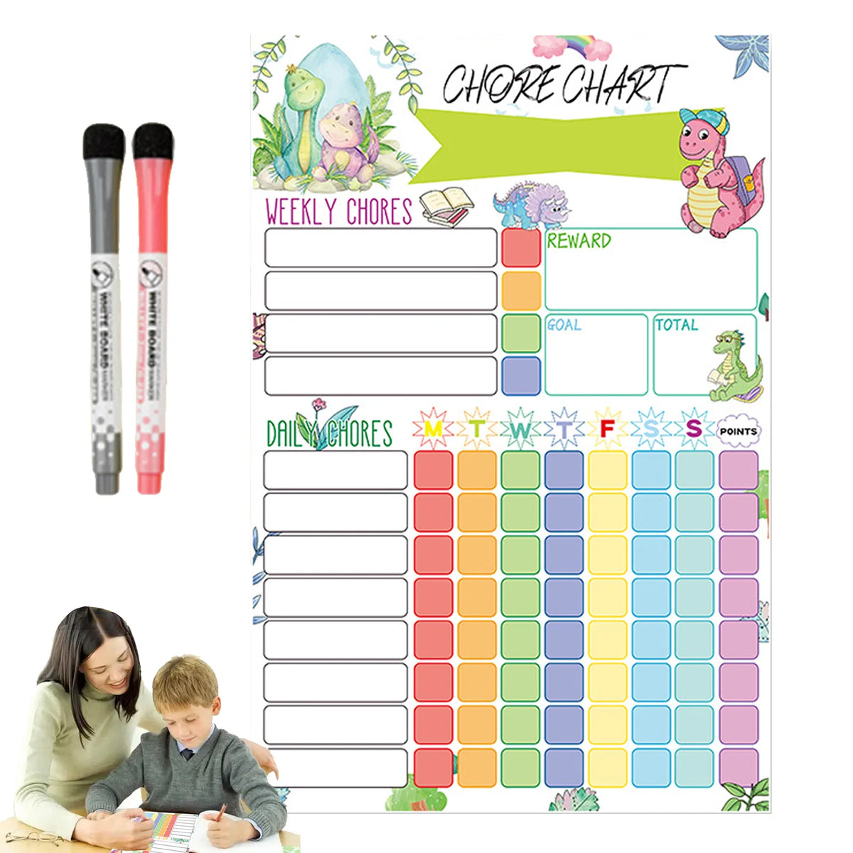 A magnetic weekly chore chart for kids showing sections for weekly chores, rewards, goals, and daily chores.