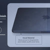 A hand touches a dark blue matte finish laptop case, highlighting its smudge-resistant and scratch-resistant features.
