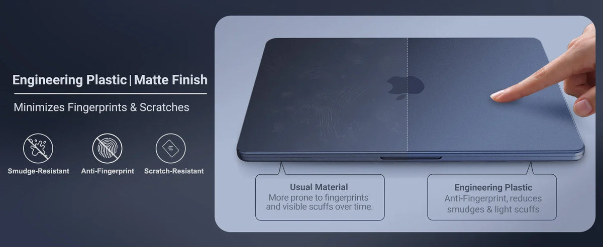 A hand touches a dark blue matte finish laptop case, highlighting its smudge-resistant and scratch-resistant features.