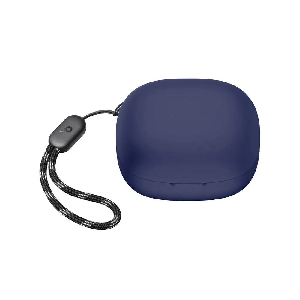 A dark blue silicone protective case for Soundcore P20i earbuds with a coiled cable.