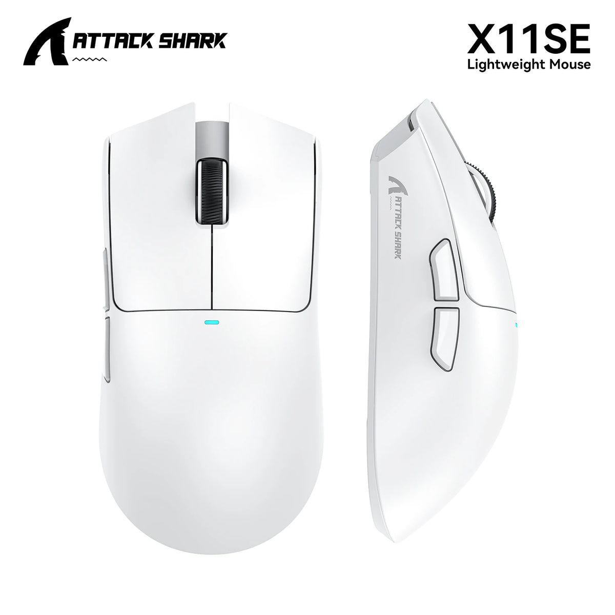 White Attack Shark X11SE lightweight wireless gaming mouse shown from the top and side.