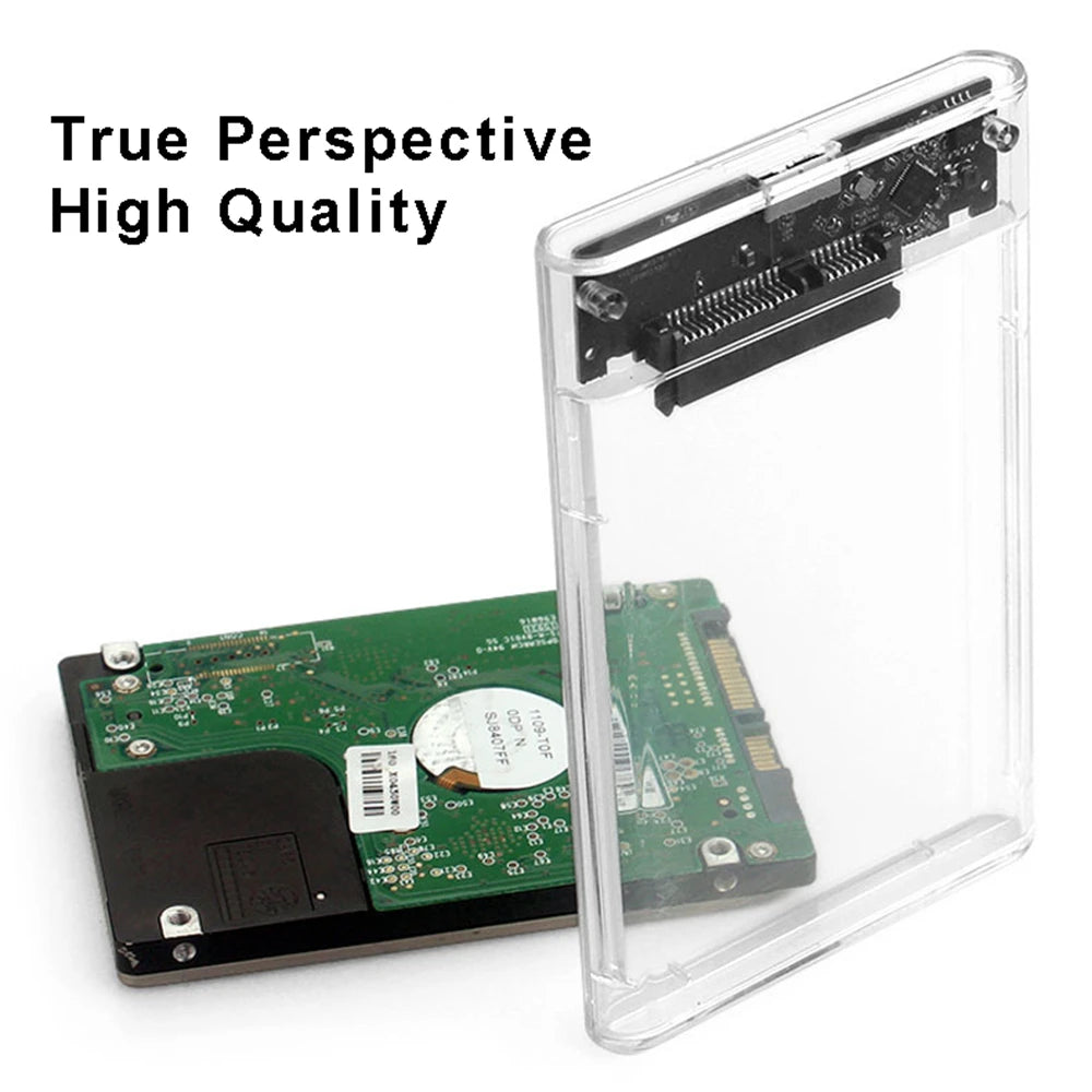 A clear acrylic enclosure for an external SATA to USB 3.0 HDD, showing the internal circuit board and drive.