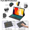 A black wireless Bluetooth keyboard case for a tablet, showing various protection features and cleaning capabilities.