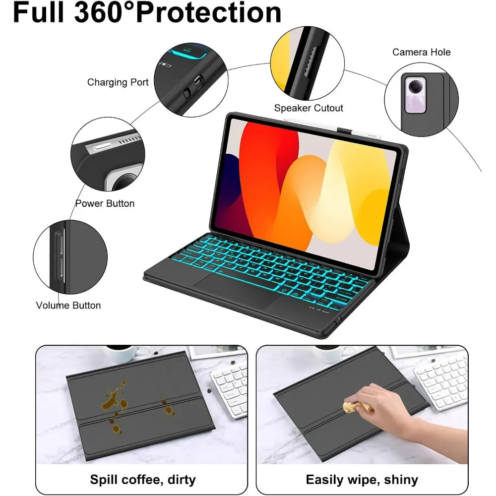 A black wireless Bluetooth keyboard case for a tablet, showing various protection features and cleaning capabilities.