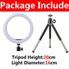 A white LED selfie ring light with a 16cm diameter and a tripod stand.