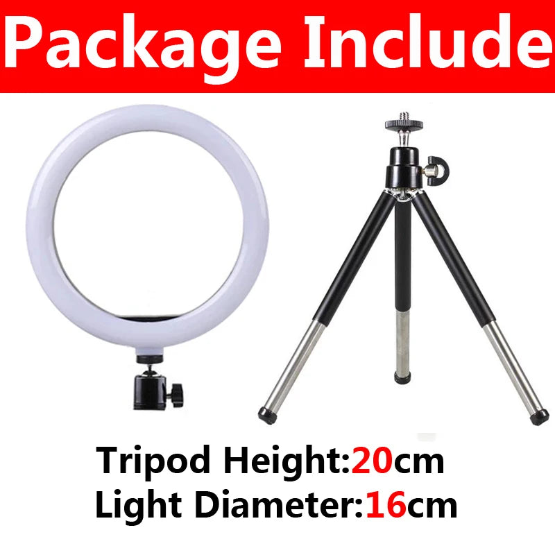 A white LED selfie ring light with a 16cm diameter and a tripod stand.