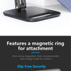 A black foldable magnetic tablet stand is shown with a close-up view of its flat base and attachment mechanism.