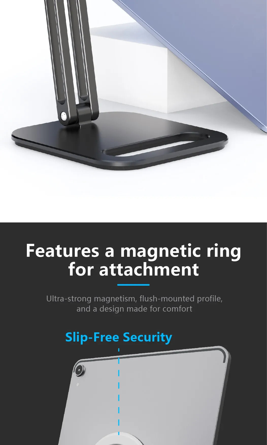 A black foldable magnetic tablet stand is shown with a close-up view of its flat base and attachment mechanism.