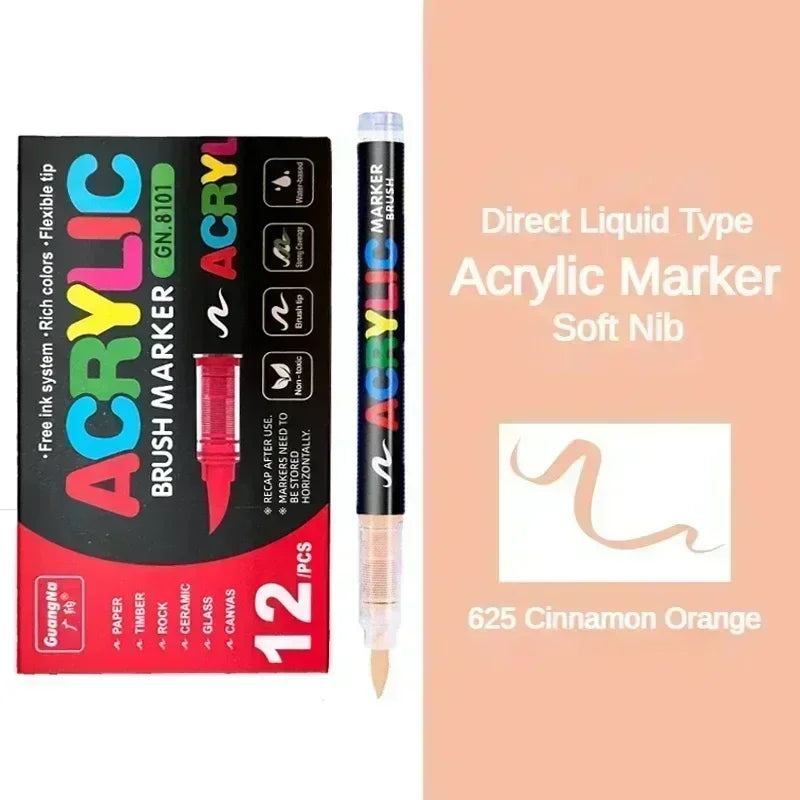 A set of 12 Direct Liquid Type Acrylic Markers in Cinnamon Orange color with soft nibs and brush tips.
