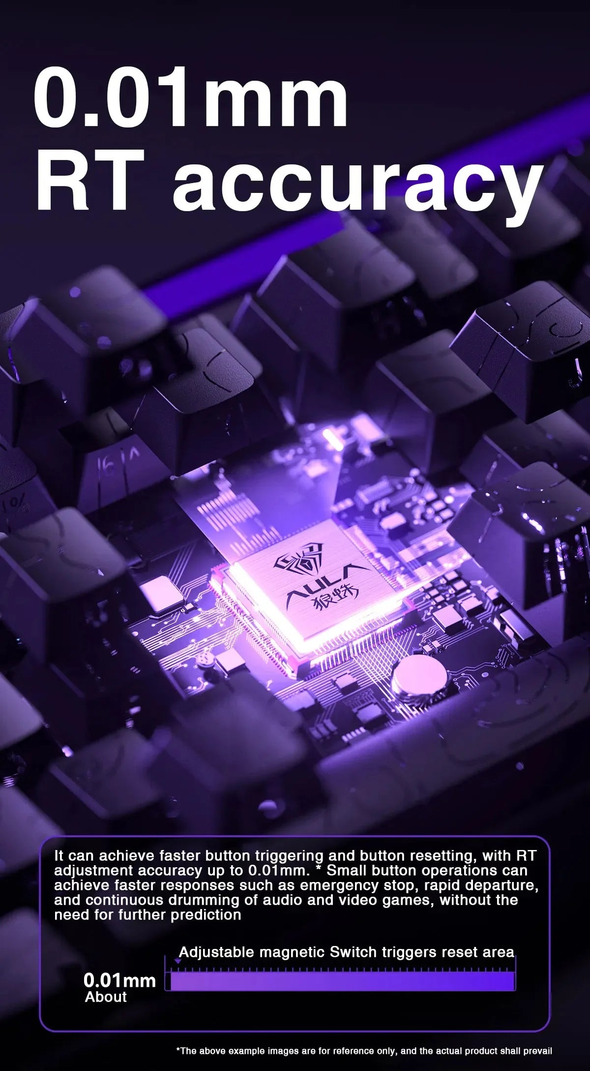 Close-up of a mechanical keyboard circuit board demonstrating 0.01mm RT accuracy for faster button triggering.