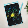 A portable LCD drawing tablet with a light blue frame displays colorful hand-drawn elements like a rocket and a planet on a b