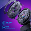 A close-up view of a black 4K UHD webcam lens with anti-glare features and sensor details.