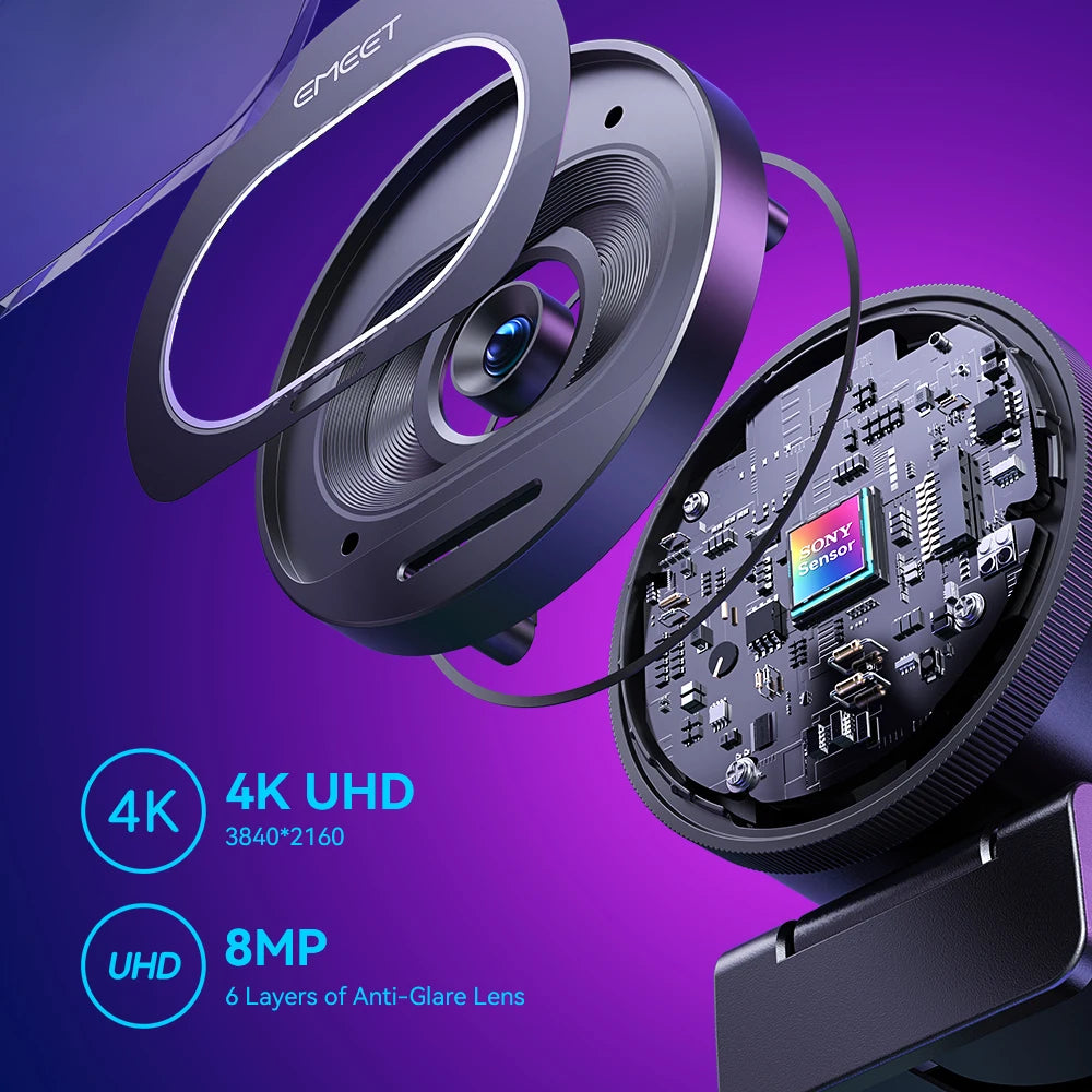 A close-up view of a black 4K UHD webcam lens with anti-glare features and sensor details.