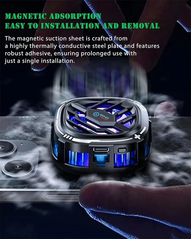 Ventilador refrigerador RGB magnético para teléfono, mostrando fácil instalación y remoción.
