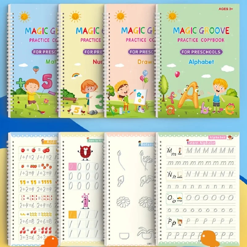 A set of colorful magic groove practice copybooks for preschoolers featuring alphabet and number tracing exercises.