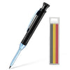 A black mechanical pencil set with a clear tip and sharpener, showing the pencil and lead in a vertical holder.