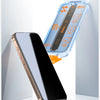 A smartphone is shown next to a clear plastic case containing a dust-free tempered film screen protector and an auto-dust rem