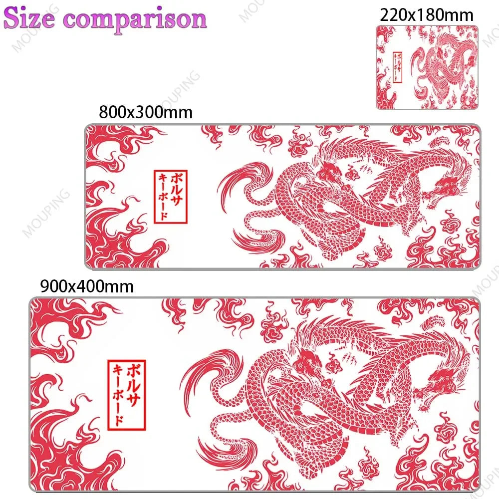A red and white Japanese-style gaming desk mat featuring a dragon design.