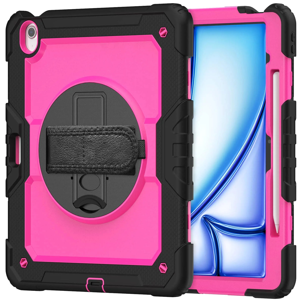 A pink heavy duty shockproof iPad case with a built-in screen protector and accessories shown open.