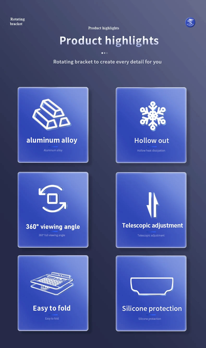 نقاط بارزة للمنتج تظهر ميزات مثل سبيكة الألومنيوم، تصميم مجوف، زاوية رؤية 360 درجة، تعديل تلسكوبي، وسهولة الاستخدام