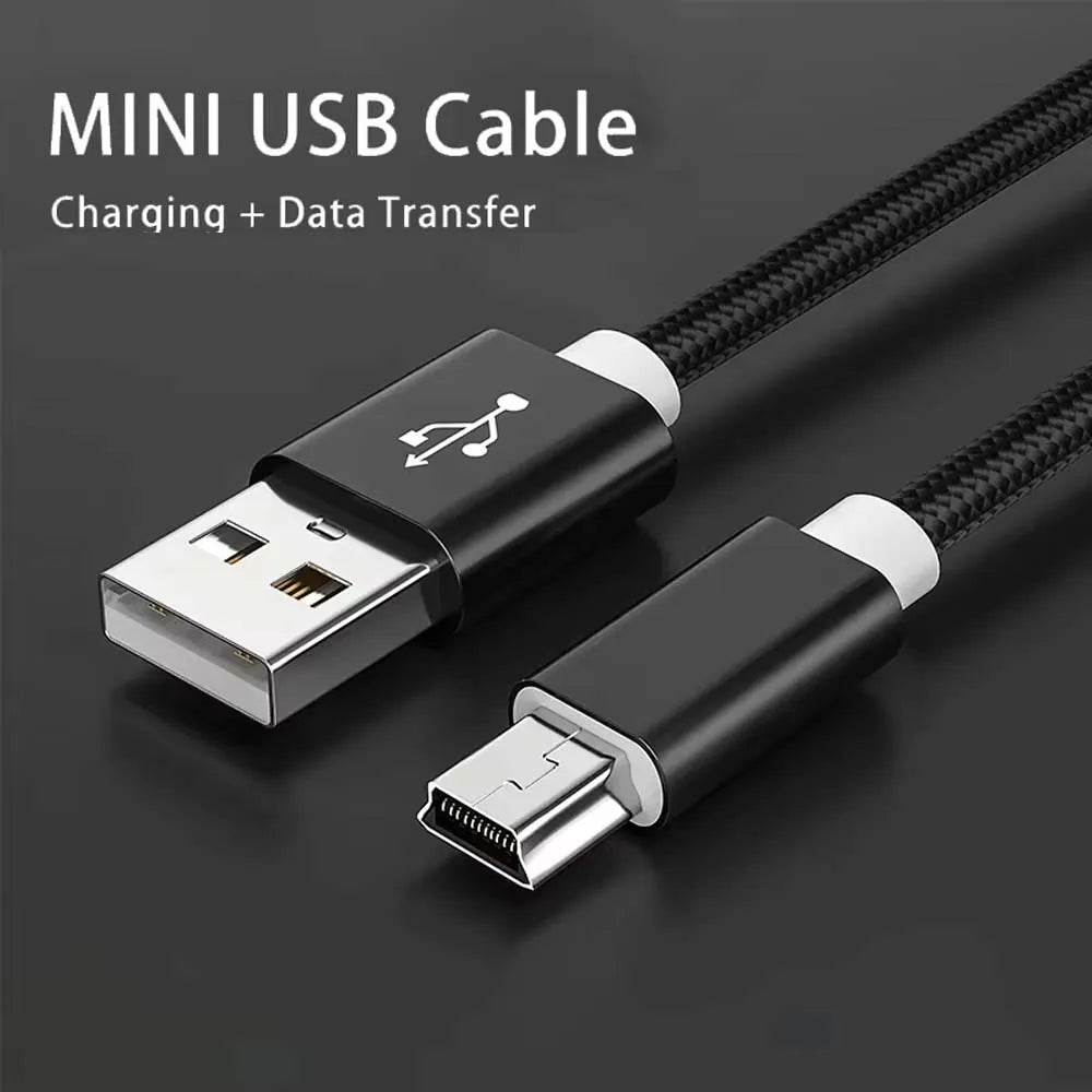 A black braided mini USB cable with silver connectors is shown against a dark background.