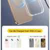 A wireless charger with a clear case is shown charging an iPhone, demonstrating compatibility with both magnetic and non-magn