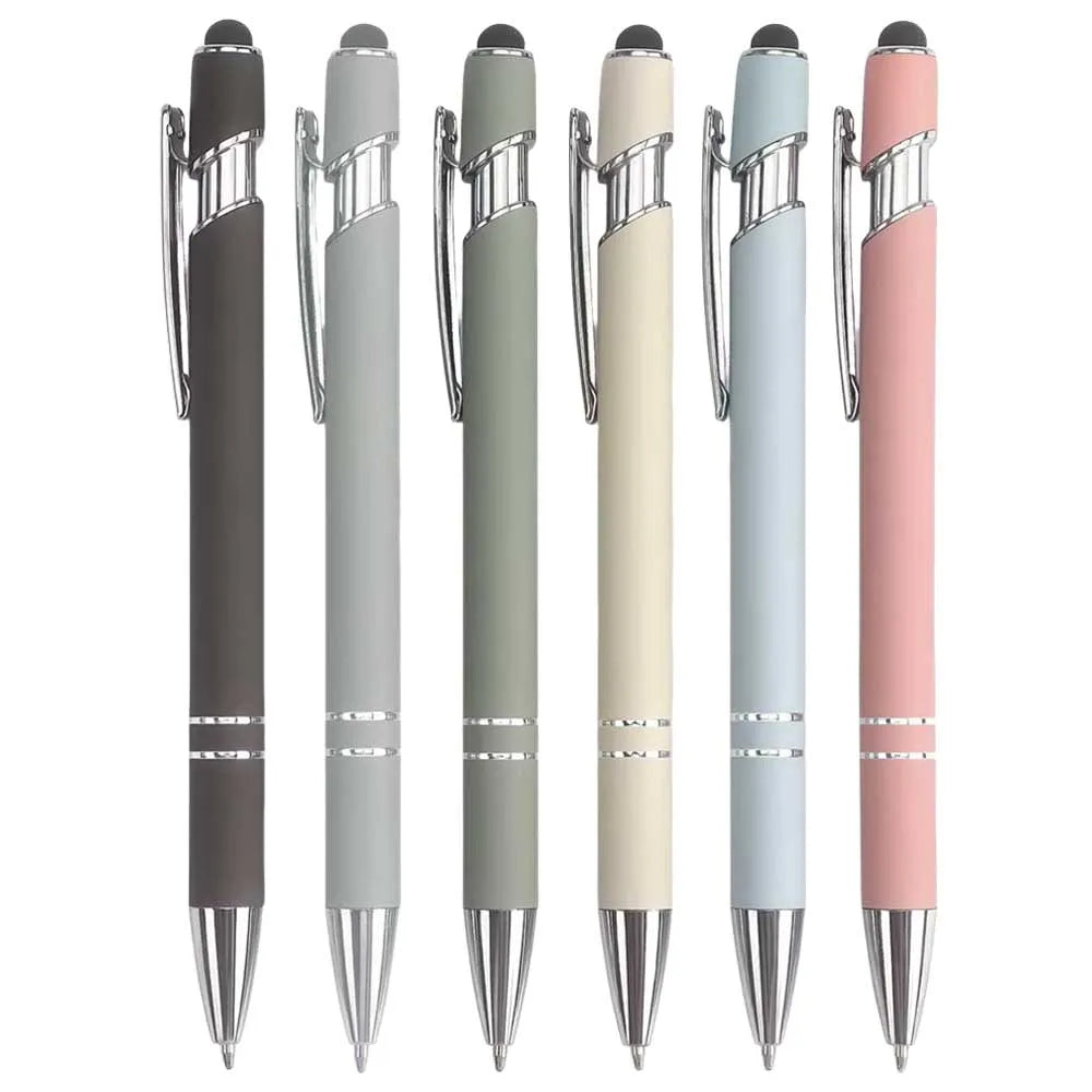 A set of three metal stylus pens in shades of gray, mint green, and pink.