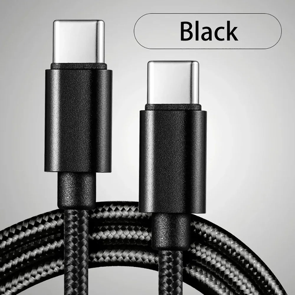 A black durable fast charging USB-C to Type-C cable with metal connectors shown against a gray background.