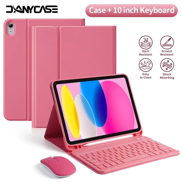A pink universal slim protective case for a smartphone with an integrated 10-inch keyboard and a matching pink laptop.
