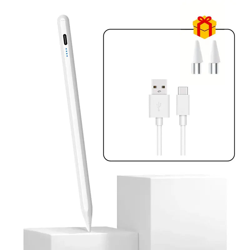 A white universal active stylus pen is shown next to a box of replacement tips.