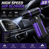 A purple high-speed air blower is shown cleaning the interior of a car dashboard.