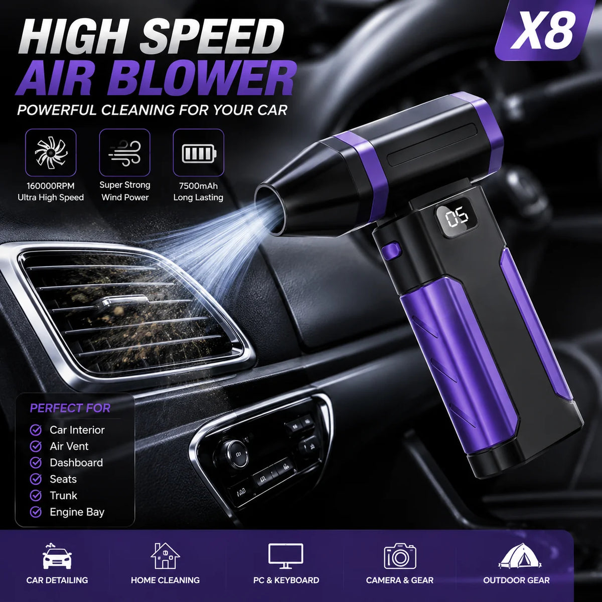 A purple high-speed air blower is shown cleaning the interior of a car dashboard.