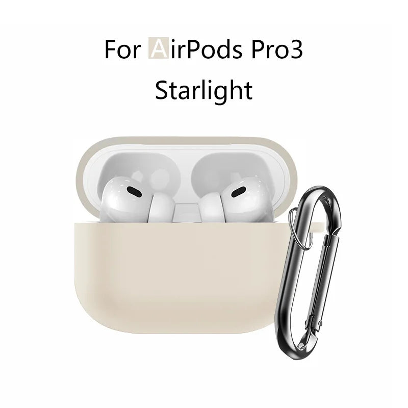 A beige silicone protective case with a keychain attached for AirPods Pro 3 earbuds.