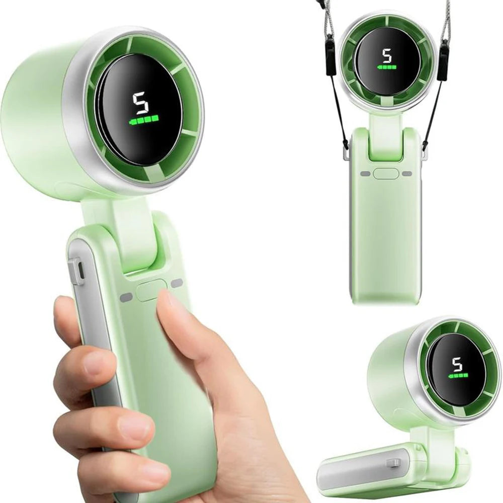 Una mano sostiene un ventilador portátil de mano turbo con un indicador de velocidad ajustable en el dispositivo.