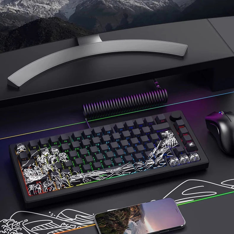 A mechanical keyboard featuring translucent Ukiyo-e keycaps is displayed on a dark surface with a smartphone nearby.
