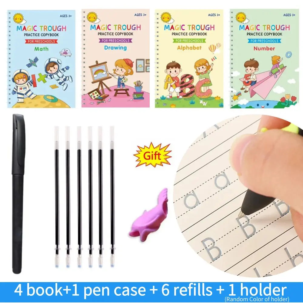 A set of four magic practice books for preschools, along with a pen case and six refills.
