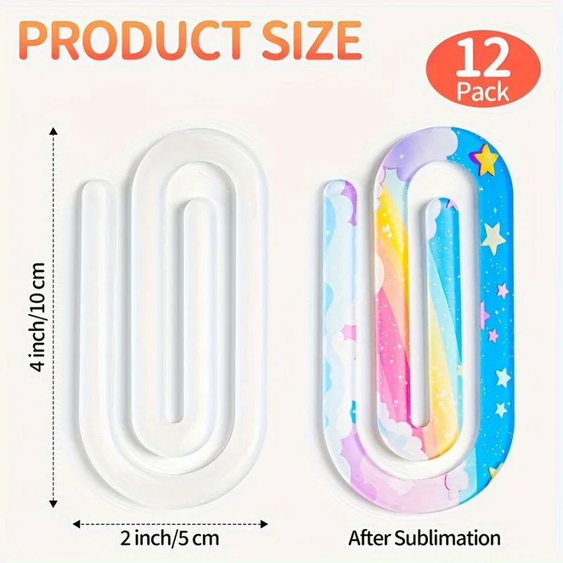 A set of 12 jumbo acrylic paper clips, shown in white and colorful sublimation designs after printing.