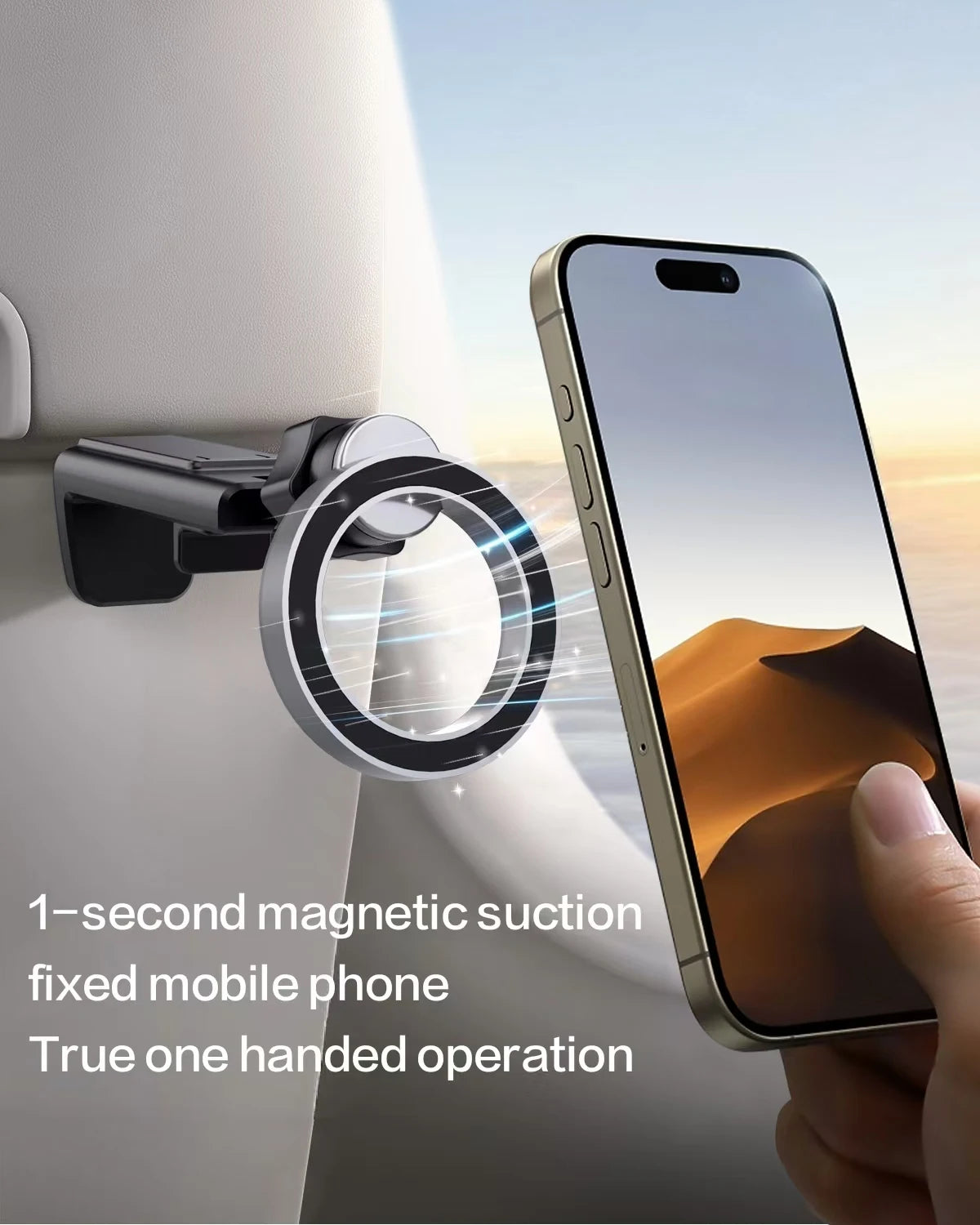 Eine Hand hält ein Smartphone, das an einer magnetischen Saugnapf auf einer weißen Oberfläche befestigt ist.